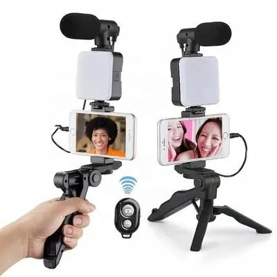 AY-49 Vlogger Kit with Mic Light Tripod Remote Black