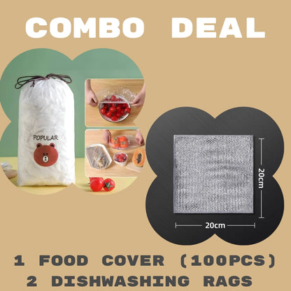 Disposable Food Cover 100Pcs + Metal Dishwashing Rug Combo Deal