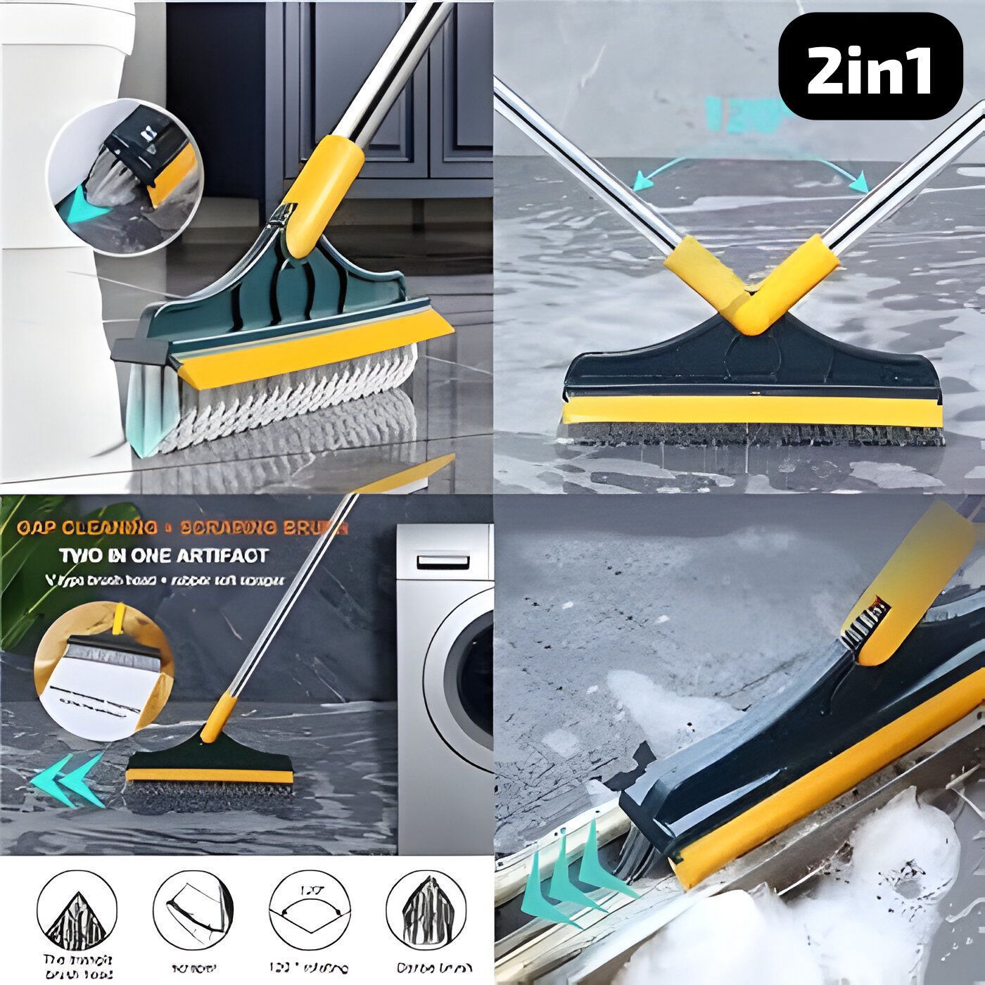 120° Rotatable Floor Brush Bathroom Tile Window Scrubber 2-in-1